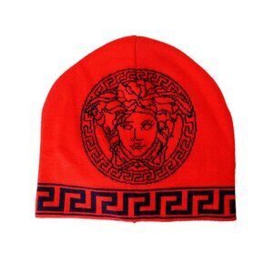 Versace Unisex Red & Blue Logo Tape 100% Wool Knitted Beanie Hat One Size